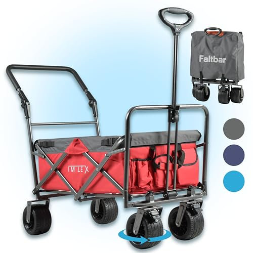 IMLEX Bollerwagen IM-4275 faltbar Rot Bollerwagen klappbar mit Schiebegriff Transportwagen mit 3-Punkt-Gurtsystem