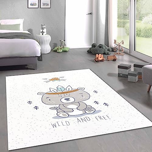 CARPETIA Spielzimmer-Teppich in Cream mit süßem Bär | weich & pflegeleicht 120 x 170 cm