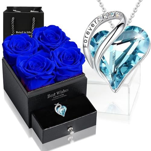 Ewige Rose Box mit Herz Halskette, Upgrade Geschenke für Frauen mit 4 Konservierte Ewige Echte Rosen & Herz Halskette aus 925 Sterlingsilber Schmuck Rosenbox für Geburtstag Valentinstag (Blau Rose)