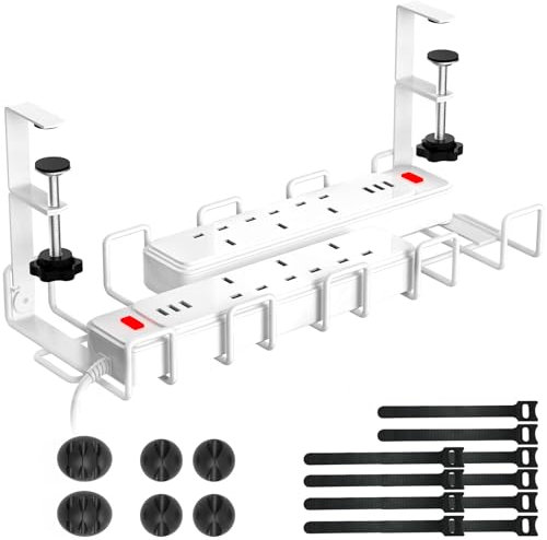 WELDUN No Drill Under Desk Cable Management Tray Kit, Metal Organizer With Cable Strips, White, 1 Pack