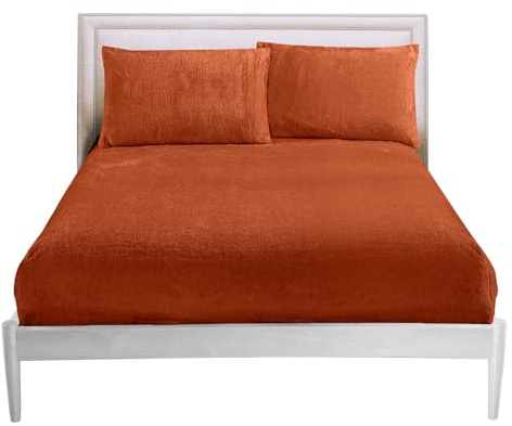 GC GAVENO CAVAILIA Fitted Sheet King Size - Soft Teddy Fleece Bedding Winter - Warm Fluffy Anti-Allergy Polyester Bed Sheet (152x203 cm),Easy Care 25cm Deep Fleece Fitted Sheets Kingsize,Burnt Orange