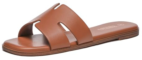 Rihero Women's Dressy Flat Sandals Comfortable Slip On Leather Slide Brown Sandals Size 8
