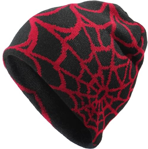 MESU Unisex Strickmütze Hip Hop Cap Slouchy Skull Cap für Damen Herren, rot / schwarz, One size