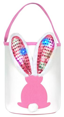 Osterhasenkörbe mit Lichtern für Babys, Mädchen, große rosa Kinder-Oster-Eimer-Tragetasche mit leuchtenden Hasenohren für Frühlingseiersuche, Party-Aufbewahrung