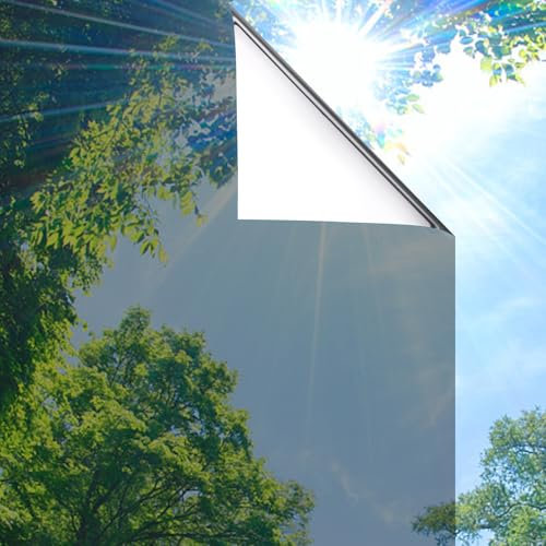 Lifetree Fensterfolie Spiegelfolie Wärmereflektion Selbstklebend Sonnenschutzfolie Wärmegrad Innen & Auße Kontrolle Anti-UV Privatsphäre Glas Fenstertönung Glatt Fensteraufkleber 115 * 200cm Silber