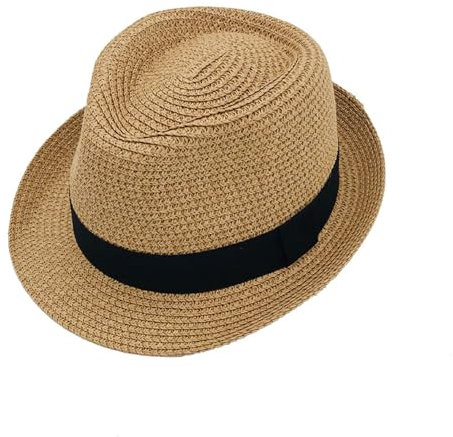 JIAHG Straw Fedora Hat for Kids Boys Girls Vintage Trilby Panama Hat Breathable UV Protection Children's Straw Sun Hats Packable Beach Cap for Travel Seaside Holiday Khaki