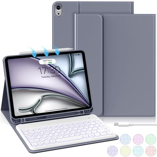 aoub Hülle mit Tastatur für iPad Air 11 Zoll 2025 M3/2024 M2, Kompatibel mit iPad Air 7./6./ 5./ 4. Generation 2022/2020 10,9 Zoll, 7 Farbige Beleuchtete Tastatur mit Hülle, Lila