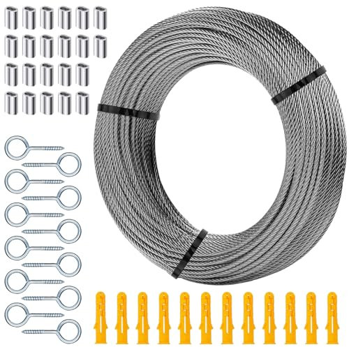 HTTYHT 50M Stainless Steel Wire Rope Kit with PVC Coated 2mm Wire, Aluminum Crimping Sleeves, Screw Eyes, Rubber Plugs for Picture Hanging, Tent, Clothesline, Outdoor Decor