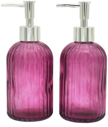 2 Pack Glass Soap Dispenser Bathroom Countertop Shampoo and Conditioner Dispenser Washing Up Liquid Hand Soap Pump Bottle Dispenser Kitchen(2, Purple)