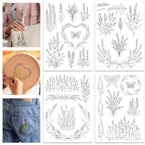 GLOBLELAND 4 Sheets Lavender Flower Butterfly Water Soluble Stabilizer Hand Embroidery for DIY Sewing Embroidery Adhesive Hand Sewing Stabilizers Non-Woven Fabrics 11.7x8.3 Inch
