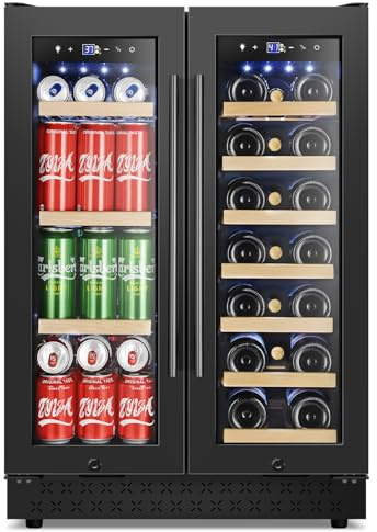 Tylza 24 Inch Wine and Beverage Refrigerator, Dual Zone Wine Beverage Cooler 24 with French Door, Under Counter Wine Beer Fridge Built-In or Freestanding, Holds 20 Bottles and 88 Cans, Black