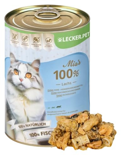 Lecker.Pet® | 12 x 400 g Mia's 100% Lachs Katzen Nassfutter | Hochwertiges Katzenfutter | Getreidefrei & ohne Zuckerzusatz | Natürlich & ohne Zusatzstoffe | Reich an Proteinen & Mineralien