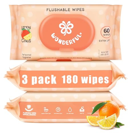 WONDERFUL Flushable Butt Wipes, Lemon Citrus 100% Plant-Based Wet Wipes for Adults & Kids; Sewer, Septic Safe; Gentle on Sensitive Skin, Wipes Flushable Pack for Bathroom & Travel, 3-Pack (180 Count)