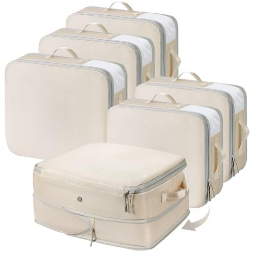 Homsorout Ultra Space Saving Compression Organisers - Set of 6, Large Capacity Expandable Storage Bags for Bedding & Clothing Packing Cubes with Clear Window, Beige
