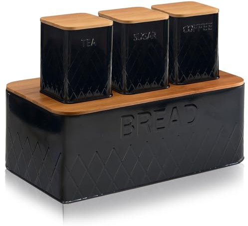 MantraRaj Stackable Tea Coffee Sugar Canisters - 4 Piece Bamboo Lid Kitchen Container Set