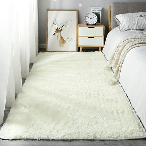 Homesally Shaggy Hochflor Teppich Flauschig rutschfest Waschbar Moderne Deko Teppich für Schlafzimmer, Wohnzimmer,Off White,60cm×160cm