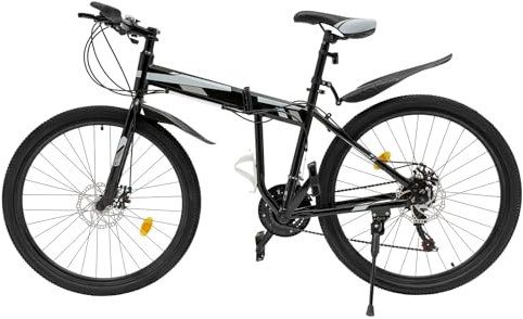 WooDerson 26 Zoll 21-Gang Faltbares Mountainbike(Schwarz, Silber), Kohlenstoffstahl Fahrrad mit Duale mechanische Scheibenbremse vorne und Einstellbare Höhe für Jungen, Mädchen, Damen Herren