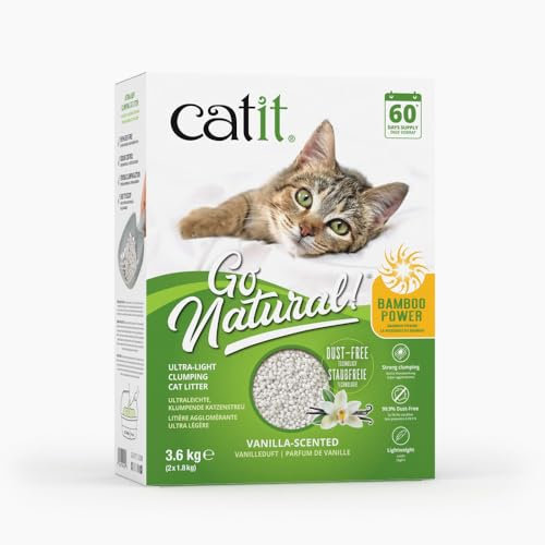 Catit Go Natural Vanilla Scented Ultra-Light Bamboo Clumping Cat Litter, Deodorising, 99% Dust-Free, Fast Clumping Cat Litter, Ultra-Light Plant-Based Litter for Cats & Kittens, 3.6kg Bag