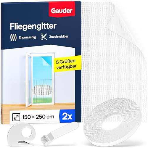 GAUDER Fliegengitter Fenster, Insektenschutz ohne Bohren (2 Stk, 150x250cm) | Insektenschutz für bodentiefe Fenster, Fenstergitter aus Polyester mit Klettband, Mückennetz, Moskitonetz Fenster, weiß