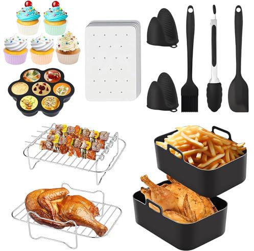 Silicone Air Fryer Accessories,12 PCS for Ninja Dual Air Fryer AF300UK AF400UK,Including Silicone Liners & Air Fryer Racks & Mini Cake Mold & Silicone Gloves & Food Clip & Oil Brush