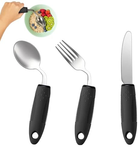 3-teiliges Adaptives Besteck-Set - 42° Winkel-Besteck für Parkinson-Patienten, Gewichtetes Besteck bei Tremor, Ergonomisches Schweres Besteck mit Griffverstärkung (Schwarz: Rechtshänder)