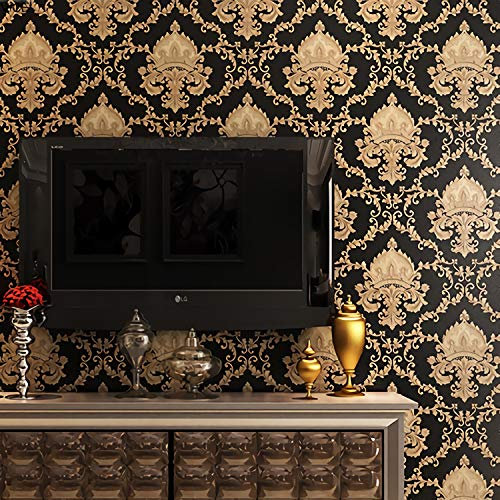 Black Gold Vintage Damask Waterproof Embossed Textured PVC Wallpaper Roll for Bedroom Livingroom 10X0.53M 1.73' W x 32.8' L 5.3㎡ (57sq.ft)