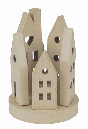 Décopatch AC933C - Kerzenhalter aus Pappmaché, Dorf 11,5x11,5x17 cm, Kartonbraun zum Verzieren, 1 Stück