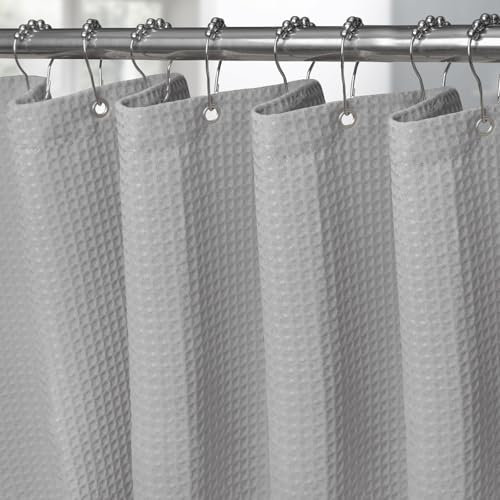 VANZAVANZU Waffel Duschvorhang mit Metall Duschvorhangringe Stoff Textil Badewannenvorhang Anti Schimmel Bad Vorhang Set Wasserdicht Schwerer Badewanne Vorhang - 182 x 182cm (Hellgrau)