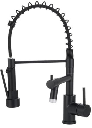 Warmiehomy Robinet de cuisine professionnel LED pivotant à 360° avec douchette extractible, robinet mitigeur à ressort à arc haut pour évier de bar, noir