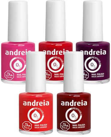 Andreia Halal Breathable Nail Polish Collection - Water Permeable Glossy Nail Polish Set - Vegan & Cruelty-Free - 5 Bright Colours - 52.5ml