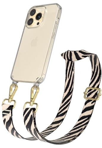 EAZY CASE Handykette - Verstellbares Taschenband kompatibel mit iPhone 14 Pro, Schulterriemen, Handykordel mit Silikon Hülle, Umhängetasche, Zebra - Schwarz Beige Gold