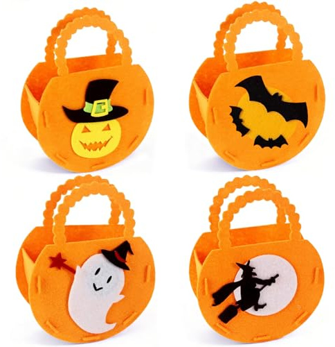 Kürbis Tasche Halloween Bastelset 4 Stück, DIY Kürbis Beutel zum Selbst Basteln, Süßigkeiten Tasche Kinder Trick or Treat Bag, Halloween Sammeltasche für Party & Deko (Orange)