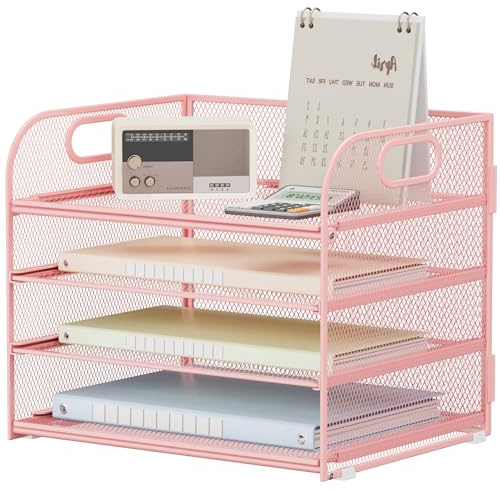 VITVITI Schreibtisch Organizer, 4 Ebenen Briefablage, Stapelbare Aktenhalter, Ablagefächer mit Griff, Bürobedarf für A4 Dokumentenablag, Papier, Buch, Magazin (Rosa)