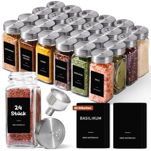 ComSaf kryddburkar i glas med justerbart lock, 120 ml, 24-pack | fyrkantig och kompakt, salt, peppar, curry, torkade örter, smidig förvaring, för kryddlåda och kök
