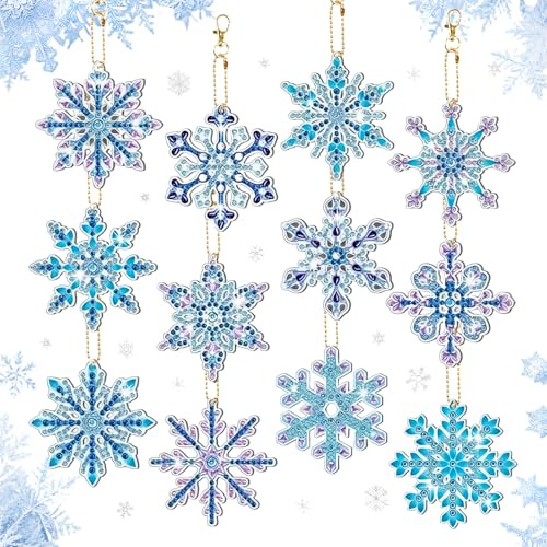 ZoneYan 12 Stück Diamond Painting Weihnachten Anhänger, 5D Schneeflocke Diamant Malerei Schlüsselanhänger Beidseitig, DIY 5D Diamant Painting Geschenkanhänger Weihnachtsbaumanhänger