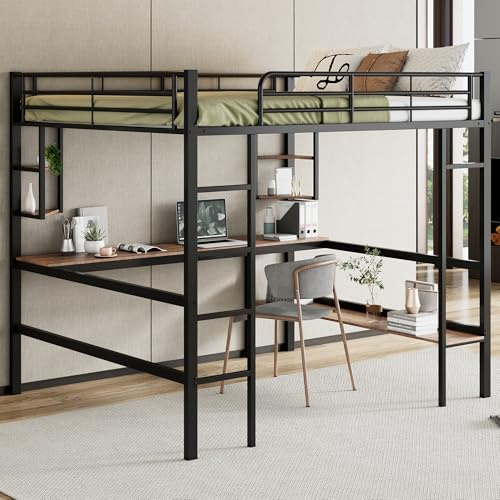 TOBIDOEN Hochbett Eisenbett 140x200 cm mit Metall Bettgestell und Schreibtisch, Lagerregal an Beiden Seiten des Tisches, Eisenbettrahmen mit Leiter und Absturzsicherung, Schwarz