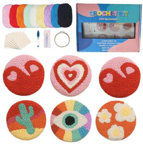 Smavles 6PCS Punch Needle Untersetzer Kit,Easy DIY Embroidery Set for Beginners,Kinder & Erwachsene mit Motiven, Garn, Stickrahmen, Anleitung & Halter