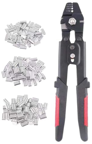 DEARMAMY Drahtseil crimpzange mit Pvc griff und Sicherheitsverriegelung Carbonstahl Schwarz oxidiert Inkl Aluminium doppelfasshülsen Geeignet für Kabelseile Aderendhülsen Presszange