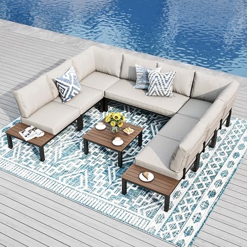 PHI VILLA Garden Furniture Metal Corner Sofa 8 Seaters, U shaped Outdoor Conversation Sofa Couch Set, 8 Pieces Patio Sectional Furniture Sets with Thickened Cushions, Beige