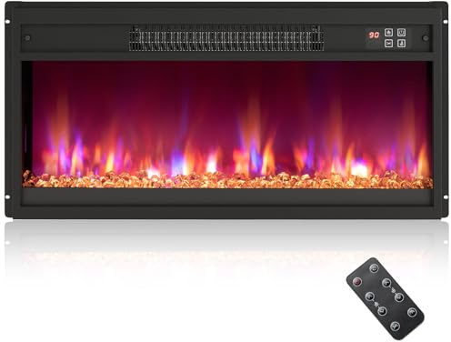 COSTWAY Elektrokamin mit Heizung 1500W, Einbaukamin mit Fernbedienung, 0,5-9H Timer, einstellbare 3D-Flammeneffekt, Wandkamin mit 17℃-32℃ Thermostat (68,3 x 11,7 x 34 cm, 26 Zoll)