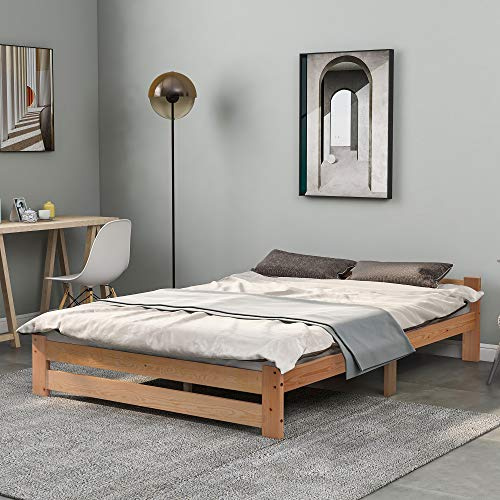 NADEUSAK Solide Massivholzbett Futonbett Massivholz Natur Bett aus mit Kopfteil und Lattenrost, Natur, 140x200cm, ohne Matratze