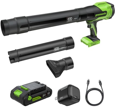 Greenworks 24V Akku Laubbläser mit 4Ah Akku & 65W PD Ladegerät, 209km/h 7,65m³/min Leistungsstark, Leicht & Kompakt, Gartenbläser für Terrasse, Einfahrt & Auto, Variable Geschwindigkeit BLH22SA1