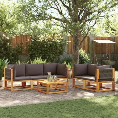 Fangmaliuyun 6-TLG. Gartensofa Set Akazie 65 cm mit grauen Seilrückenlehnen Outdoor Eckbank platzsparend für kleinen Balkon Terrasse Lounge gartenmöbel witterungsbeständig