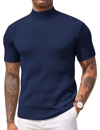COOFANDY Men's Turtleneck Knitted T Shirt | Stretchy Ribbed Knitted