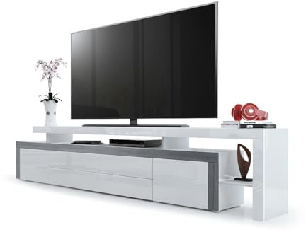 Vladon TV Board Lowboard Leon V3, Made in Germany, Korpus und Überbau in Weiß Hochglanz/Front in Weiß Hochglanz mit Rahmen in Avola-Anthrazit (227 x 52 x 35 cm)