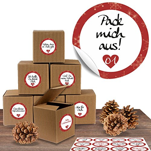 Adventino Adventskalender Set aus 24 rustikalen Boxen und 24 weihnachtlichen Zahlenaufklebern „Liebevolle Botschaften“ zum Basteln und Befüllen