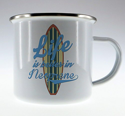 Guten-Morgen-Becher Emaille Becher Life is better in Neoprene Tasse surf surfen strand urlaub