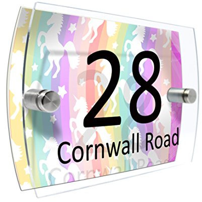 Personalised House Number Sign Printed Plaque Garden Glass Effect Acrylic Sign Door Plate Marble Wall Display 2 Part Branded Acrylic (Unicorn)