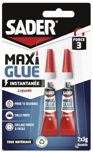 Sader Maxiglue Liquide – Super Glue Universelle – Tous Matériaux – Colle de Réparation à Prise Rapide – Colle Extra Forte –Transparente – 2 Tubes de 3 g