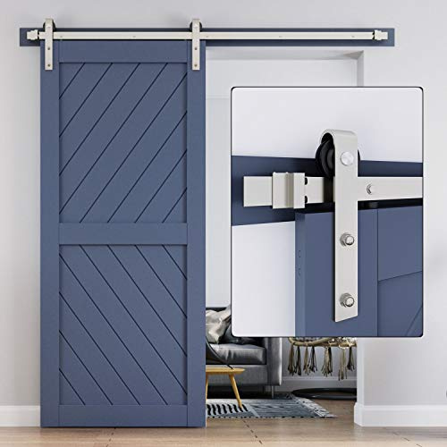 EaseLife Kit de quincaillerie de porte de grange coulissante en nickel brossé, poulie en J de base, robuste, glisse doucement silencieusement, facile à installer (kit de rail de 1,8 m pour porte